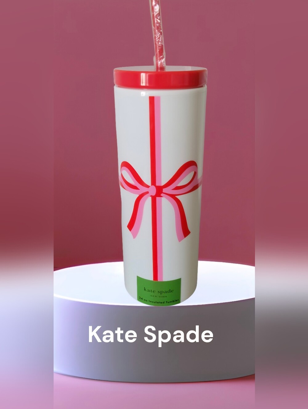 Kate Spade White Tumbler with Red and Pink Bow Design NWT - Picture 2 of 5